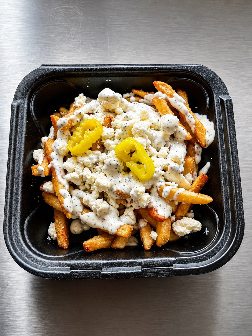 Famous Greek fries loaded with feta and herbs